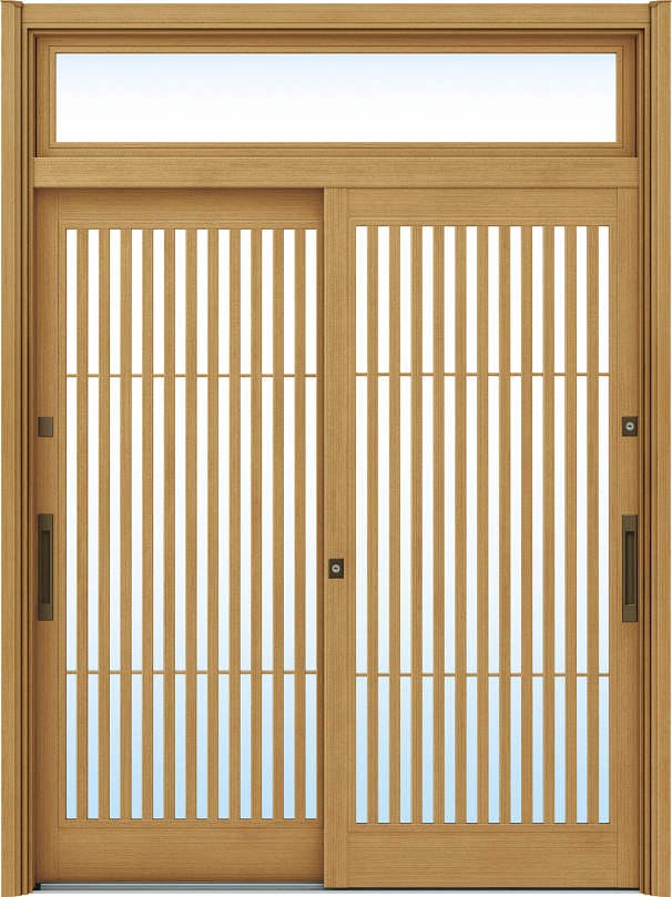 ドアリモ玄関引戸２枚建 複層ガラス仕様 伝統和風Ａ０２ 木目色 ランマ付（舟底引手）