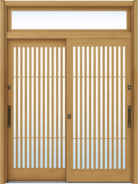 ドアリモ玄関引戸２枚建 複層ガラス仕様 伝統和風Ａ０２ 木目色 ランマ付（舟底引手） | YKKAP