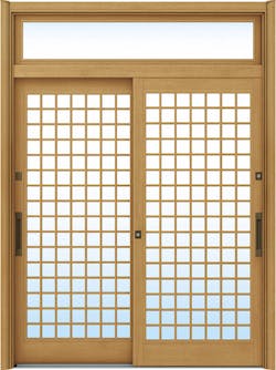 ドアリモ玄関引戸２枚建 複層ガラス仕様 伝統和風Ａ１２ 木目色 ランマ付（舟底引手）