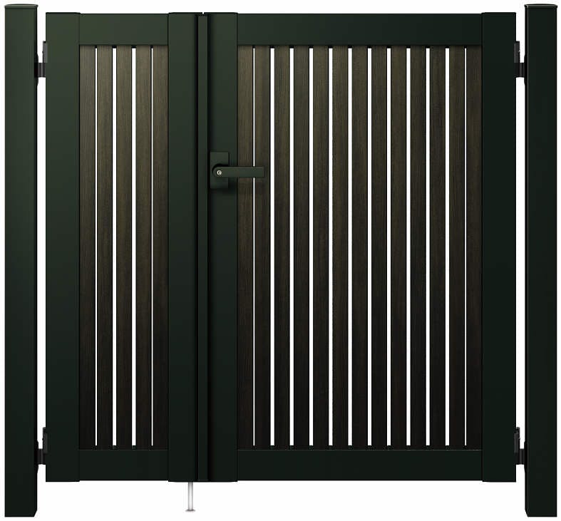 形材門扉 YKKap ルシアス門扉S02型 両開き 門柱仕様 09-12 内開き仕様 UME-S02 門柱：アルミ色 扉：木調色 たてストライプ W900×H1200(扉1枚寸法) ルシアス 門扉 | 商品を探す | YKK AP株式会社