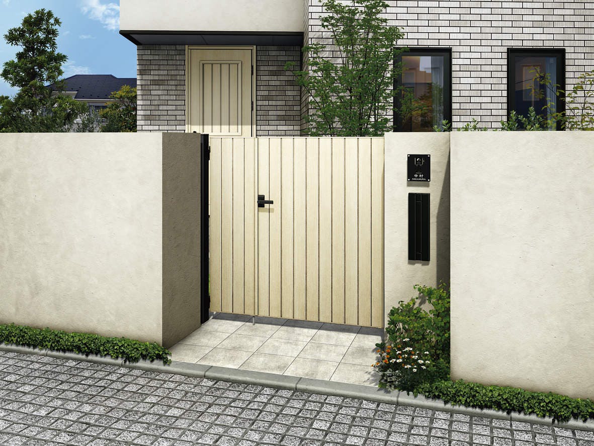 形材門扉 YKKap ルシアス門扉W04型 両開き 門柱仕様 09-12 内開き仕様 UME-W04 門柱：アルミ色 扉：木調色 たて板張り W900×H1200(扉1枚寸法) 形材門扉 YKKap ルシアス門扉W04型 両開き 門柱仕様 09-14 内開き仕様