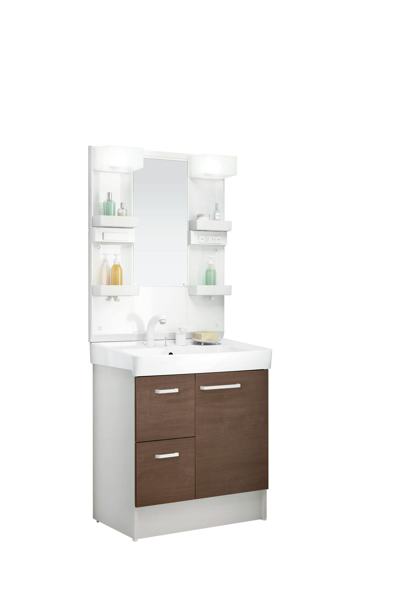 D7シリーズ750間口 1面鏡LED照明くもり止めありオープン棚 片引出し