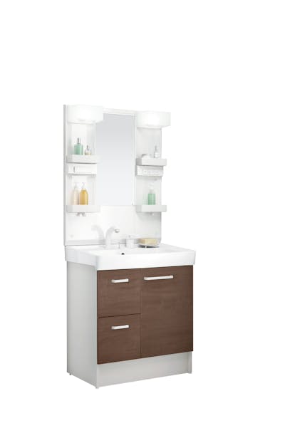 D7シリーズ750間口 1面鏡LED照明くもり止めなしオープン棚 片引出しタイプシングルレバー洗髪シャワー水栓