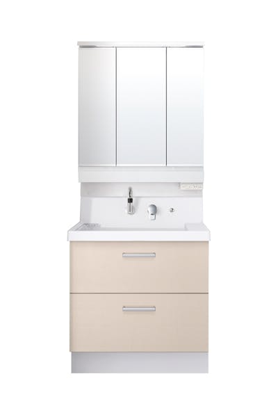 K1シリーズ750間口 3面鏡スリムLED照明くもり止めあり全収納トレイアレンジ仕切りトイレスマートポケット 2段引出しタイプくるくる水栓高さ850