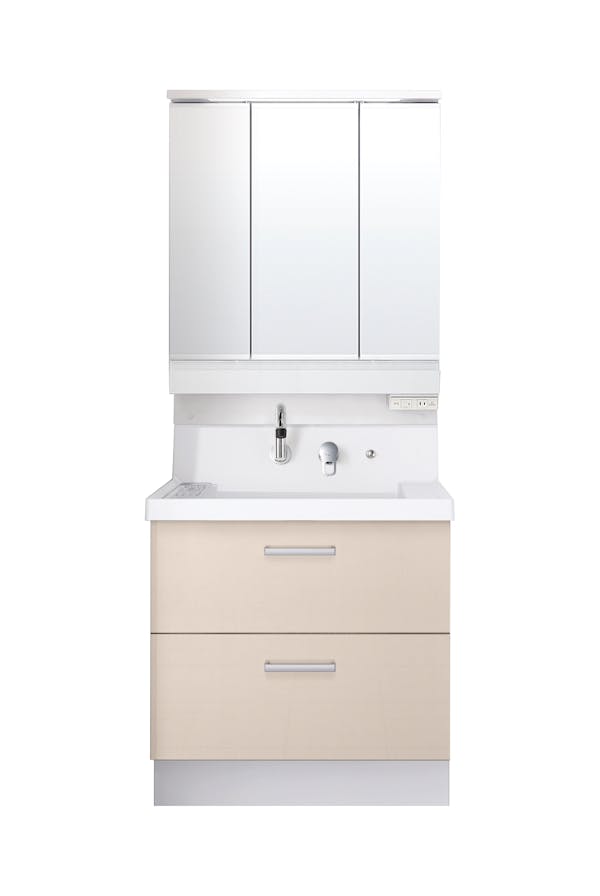 K1シリーズ750間口 3面鏡スリムLED照明くもり止めあり全収納トレイアレンジ仕切りトイレスマートポケット 2段引出しタイプくるくる水栓高さ850 | LIXIL