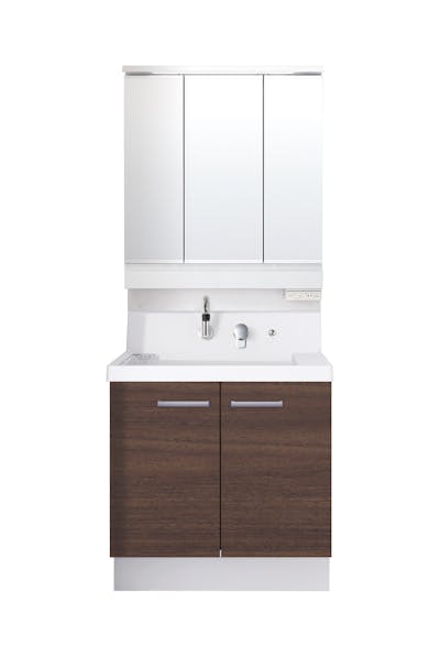 K1シリーズ750間口 3面鏡スリムLED照明くもり止めあり全収納トレイアレンジ仕切りトイレスマートポケット 2枚扉式くるくる水栓高さ850