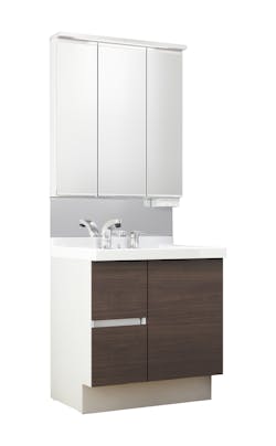 J1シリーズ750間口 3面鏡スリムLED照明くもり止めあり全収納トレイアレンジスマートポケット 2枚扉式シングルレバー洗髪シャワー水栓