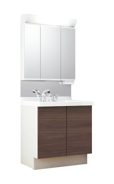 J1シリーズ750間口 3面鏡LED照明くもり止めあり全収納トレイアレンジ 2枚扉式シングルレバー洗髪シャワー水栓