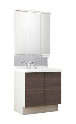 J1シリーズ750間口 3面鏡スリムLED照明くもり止めあり全収納トレイアレンジ 2枚扉式シングルレバー洗髪シャワー水栓