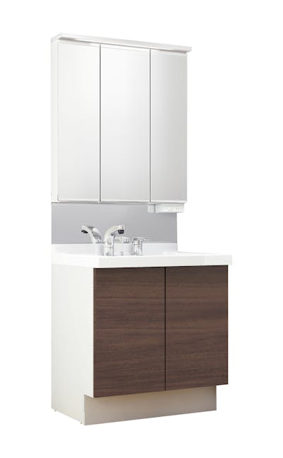 J1シリーズ750間口 3面鏡スリムLED照明くもり止めあり全収納トレイアレンジ 2枚扉式シングルレバー洗髪シャワー水栓