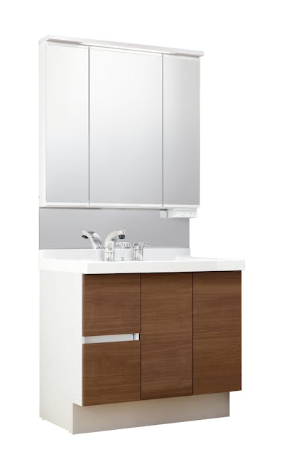 J1シリーズ900間口 3面鏡スリムLED照明くもり止めあり全収納トレイアレンジ 片引出しタイプシングルレバー洗髪シャワー水栓