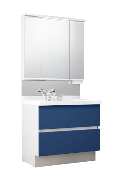 J1シリーズ900間口 3面鏡スリムLED照明くもり止めあり全収納トレイアレンジ 2段引出しタイプシングルレバー洗髪シャワー水栓