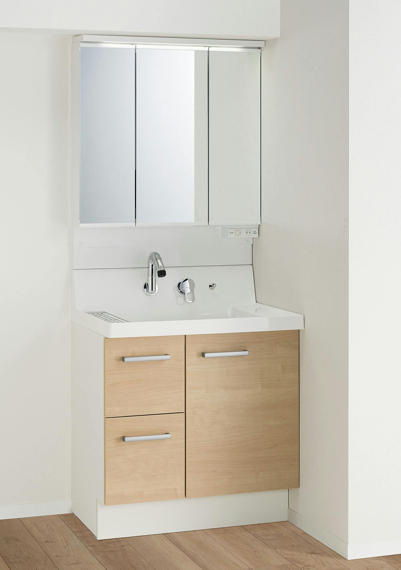 洗面化粧台K1シリーズ750間口 片引出扉　くるくる水栓　3面鏡