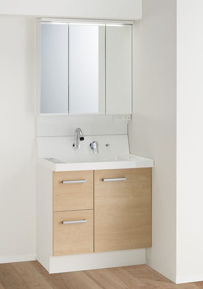 【リフォームチラシ２月号】LIXIL　洗面化粧台　K1シリーズ750間口 片引出扉　くるくる水栓　3面鏡　75㎝　K1H5-755SY/色番　ミラー：MK1X4-753TXJU