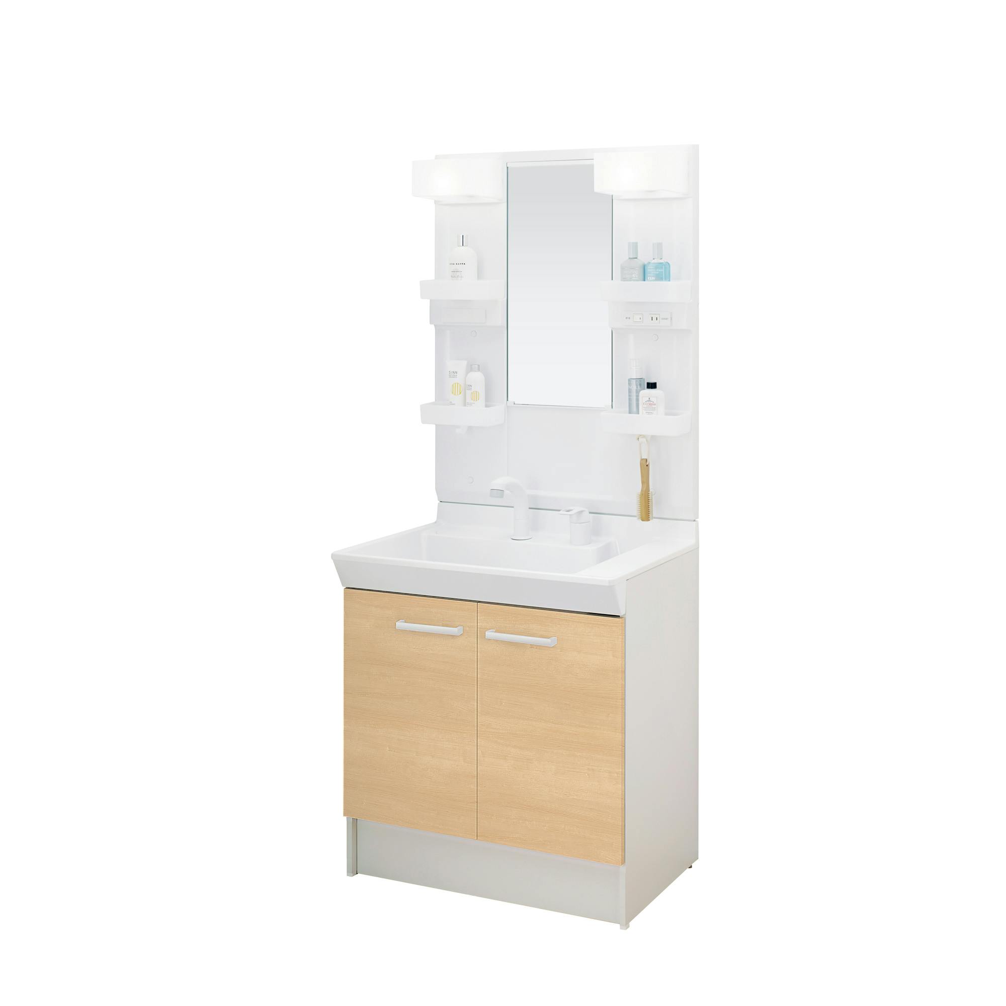 V1シリーズ750間口 1面鏡LED照明くもり止めなしオープン棚 2枚扉式