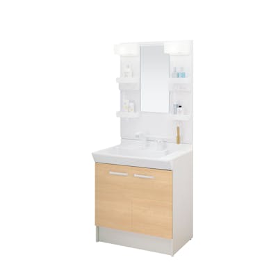 V1シリーズ750間口 1面鏡LED照明くもり止めなしオープン棚 2枚扉式シングルレバー洗髪シャワー水栓